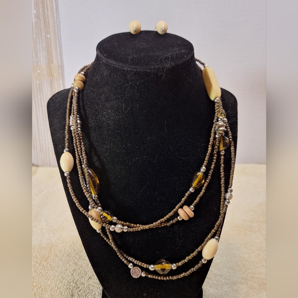 Earthtones Multi-Strand Seed Bead Necklace And Earring Set